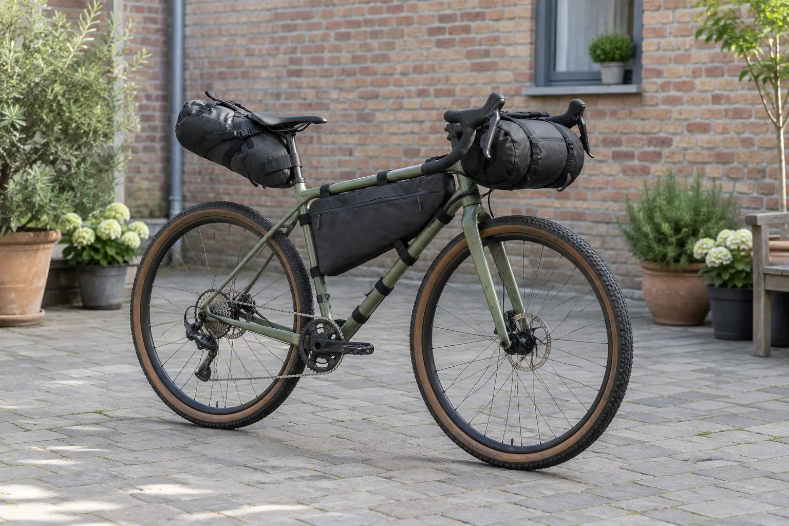 Ein Tourenrad mit Rahmentasche, Lenkerrolle und Satteltasche steht in einem ruhigen Innenhof.