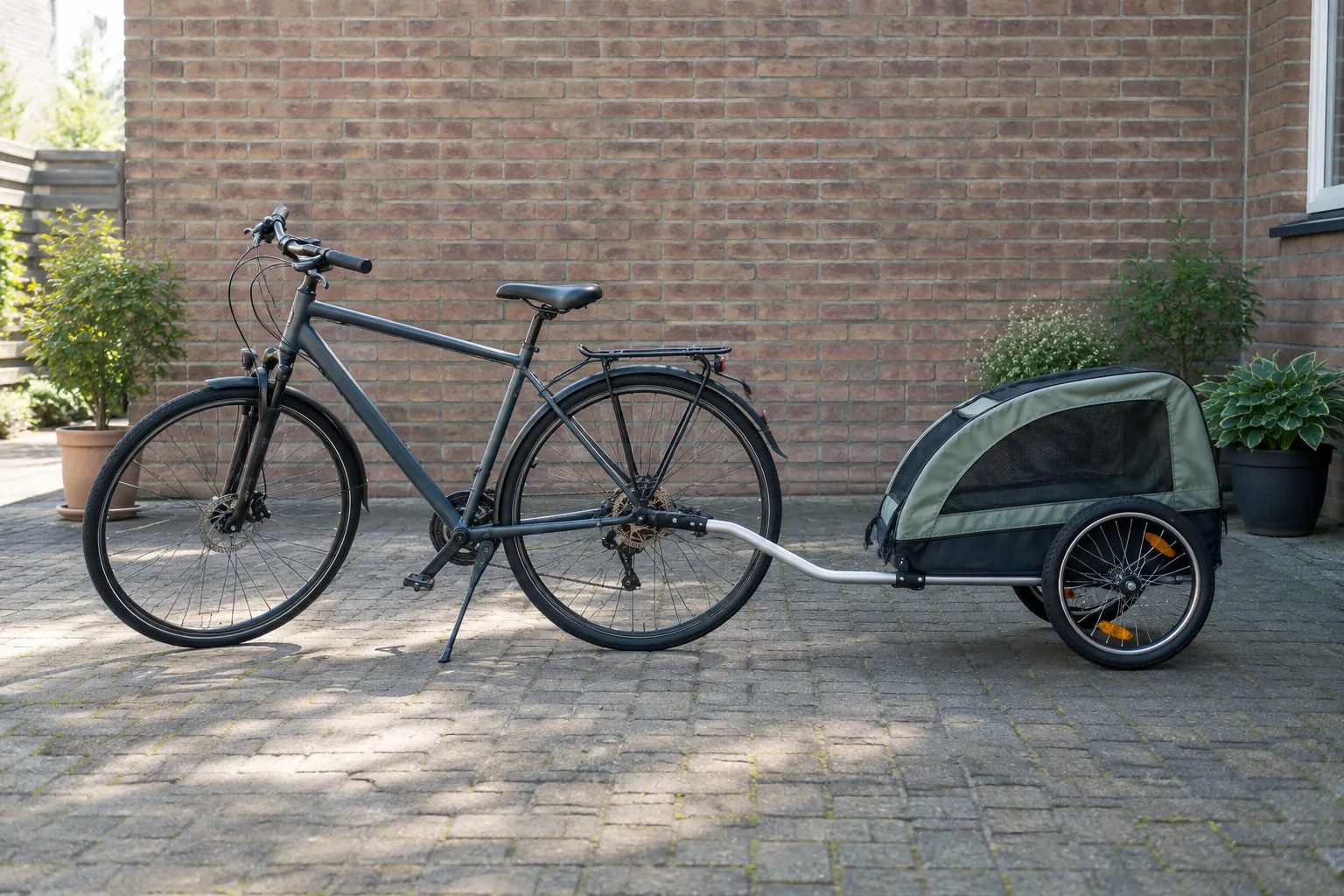 Ein Fahrrad mit einem kleinen Transportanhänger steht in einem gepflasterten Innenhof neben einer Backsteinmauer.