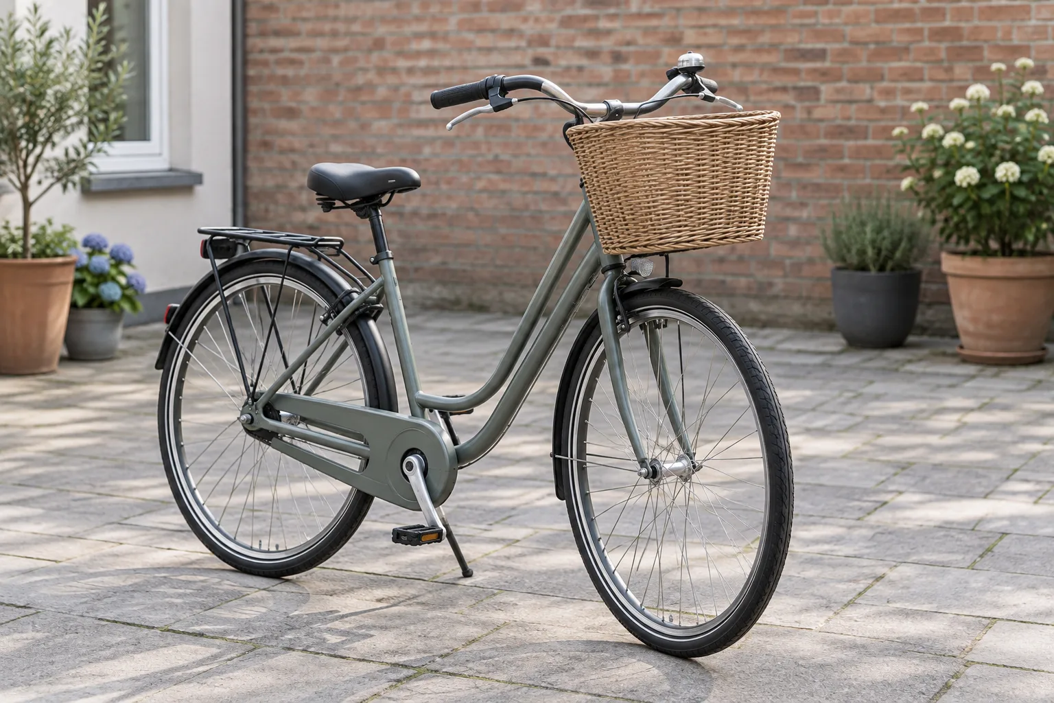 Ein Fahrrad mit einem schlichten Korb am Lenker steht in einem gepflasterten Innenhof.