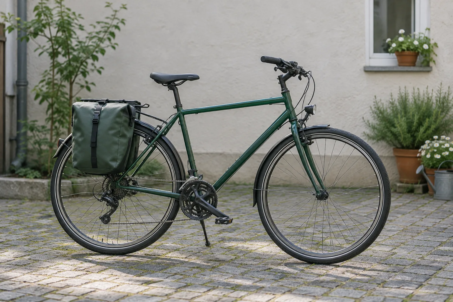 Ein Fahrrad mit einer schlichten Gepäcktasche am hinteren Gepäckträger steht in einem ruhigen Innenhof.
