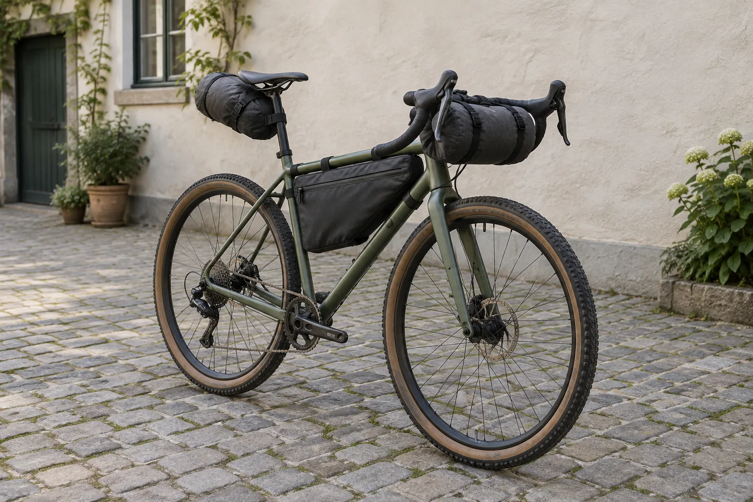 Ein Fahrrad mit unauffälligen Rahmentasche, Satteltasche und Lenkertasche steht in einem ruhigen Innenhof.