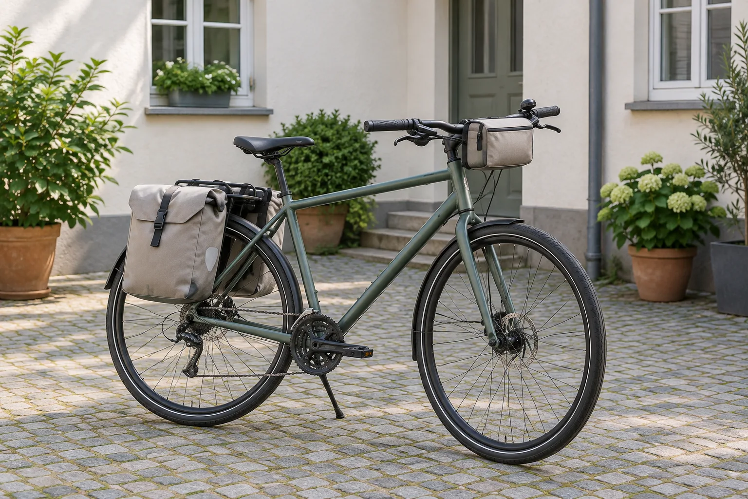 Ein Fahrrad mit schlichten Fahrradtaschen steht in einem ruhigen, sonnigen Innenhof.