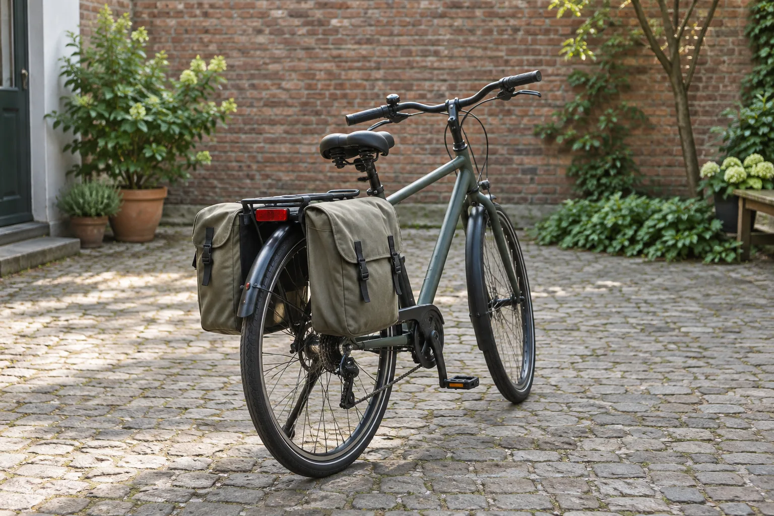 Ein Fahrrad mit unauffälligem Gepäckträger und zwei schlichten Taschen steht in einem ruhigen Innenhof.