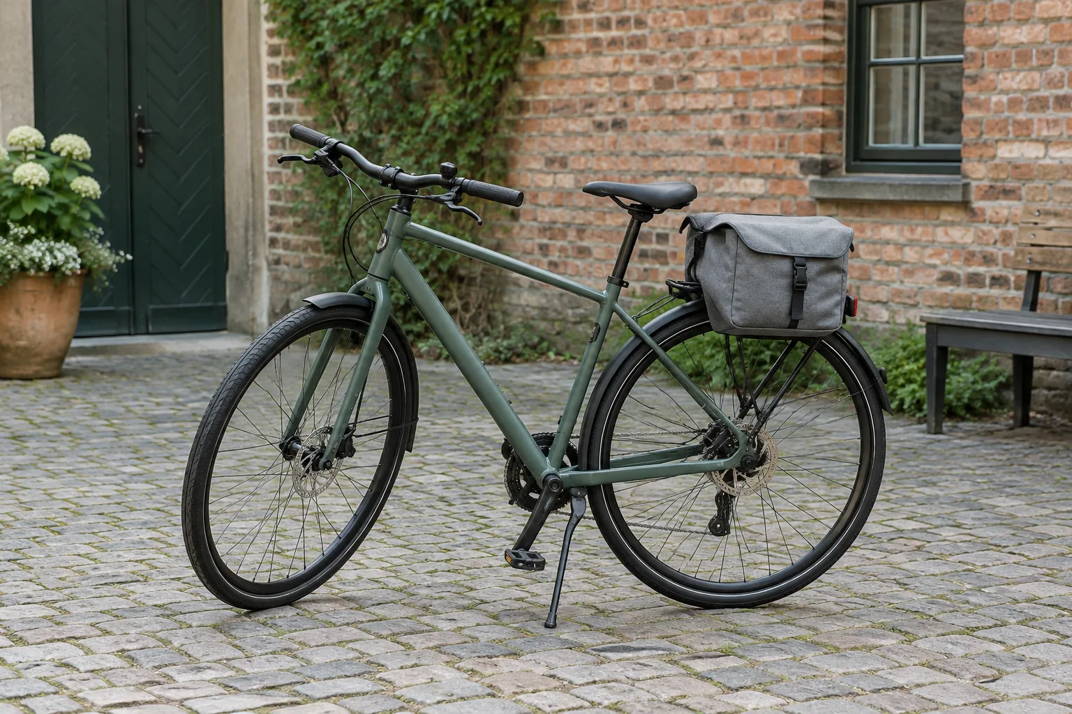 Ein Fahrrad mit einer schlichten grauen Gepäckträgertasche am hinteren Gepäckträger steht in einem ruhigen Innenhof.