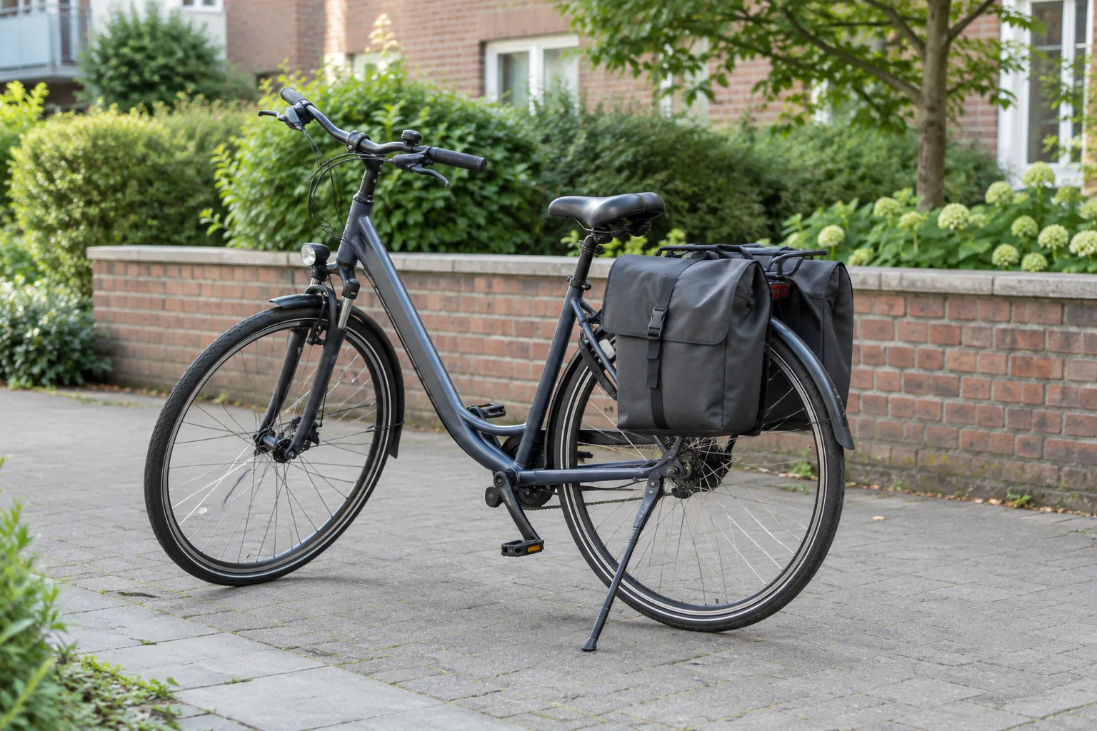 Fahrrad mit zwei schlichten Gepäckträgertaschen steht in einem ruhigen, gepflasterten Innenhof.