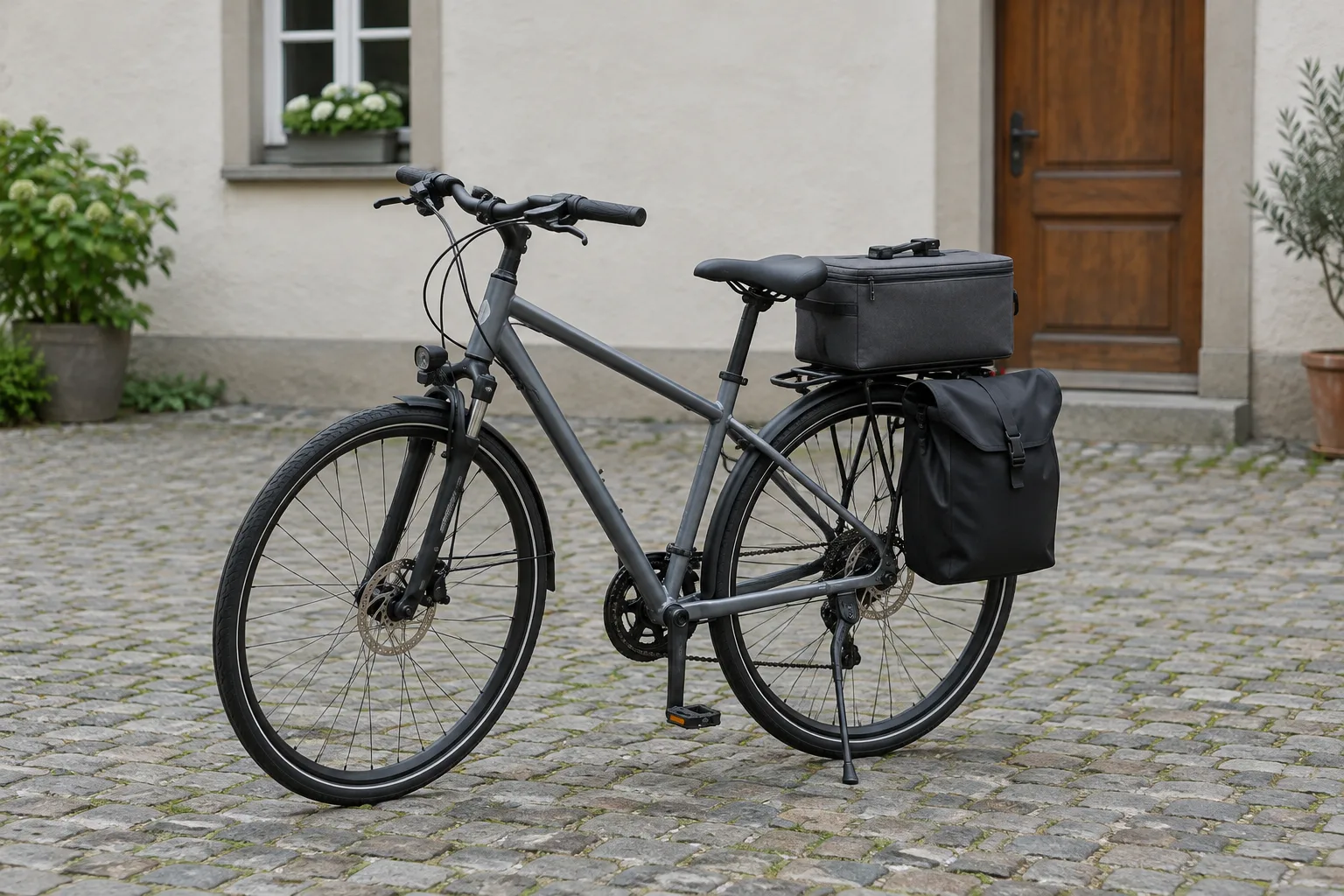 Ein Fahrrad mit einem schlichten grauen Gepäckträgerbeutel steht auf Kopfsteinpflaster in einem ruhigen Innenhof.