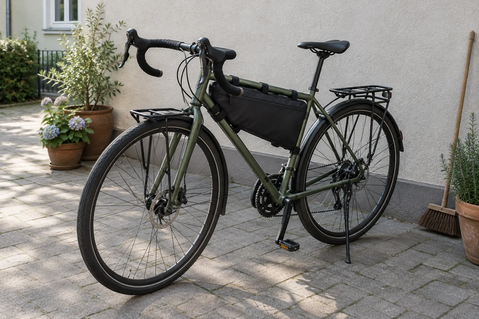 Ein Fahrrad mit montierter Rahmentasche im Rahmendreieck steht in einem hellen, gepflasterten Innenhof.