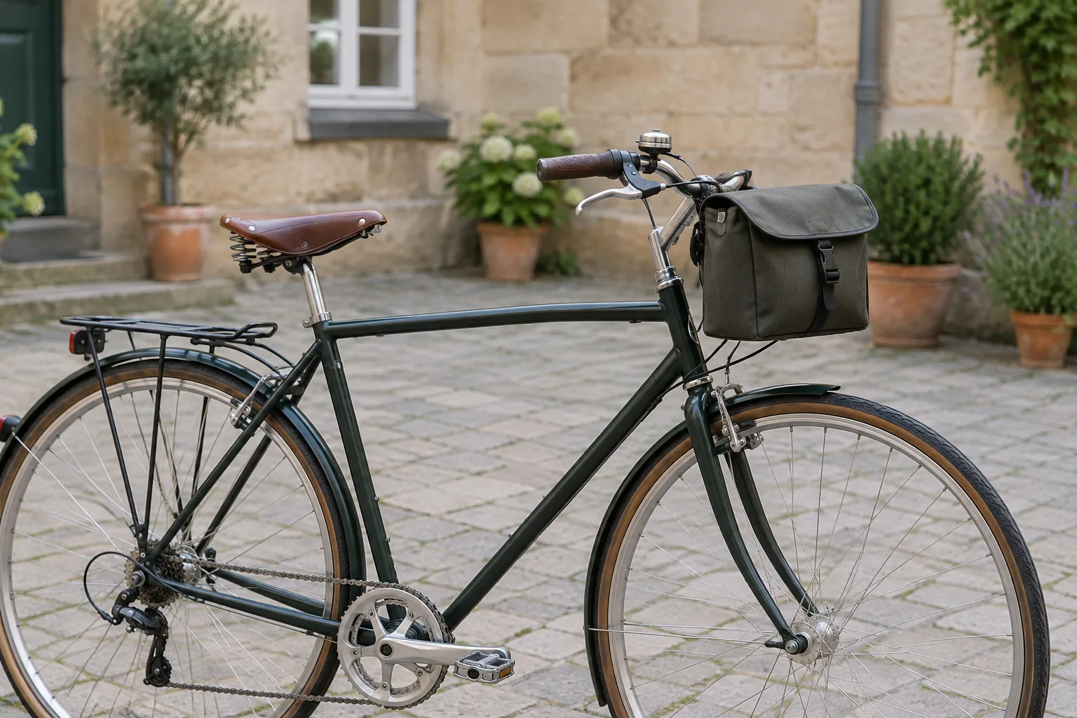 Ein Fahrrad mit einer schlichten Lenkertasche am Lenker steht in einem ruhigen Innenhof, seitliche Ansicht bei Tageslicht.